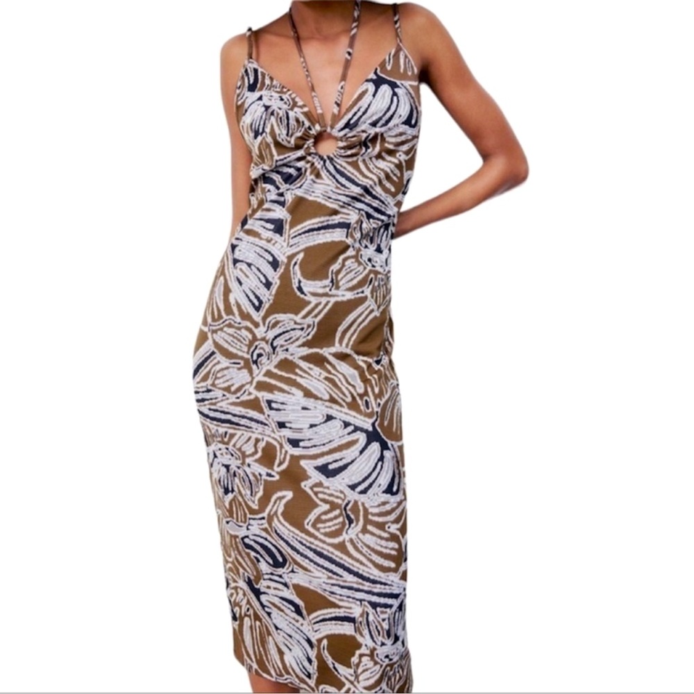Zara Jacquard Brown Midi Halter Dress